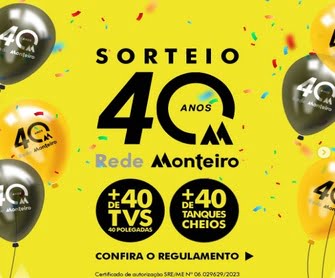 Junte-se à festa da Promoção Rede Monteiro 40 Anos e tenha a chance de ganhar prêmios extraordinários que somam mais de R$ 90.000,00 em valores. Esta promoção especial celebra os mais de 40 anos de história da Rede Monteiro