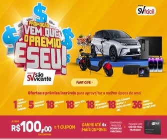 Certifique-se de participar da promoção Vem Que o Prêmio é Seu da Rede São Vicente para ter a chance de ganhar prêmios incríveis, incluindo um carro elétrico!