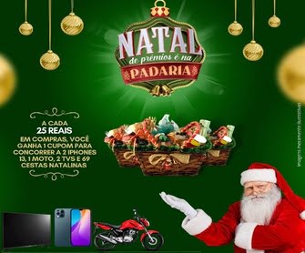 Desfrute do espírito natalino com a Promoção 'Natal de Prêmios' da Padaria Sindpan Ceará! Ao fazer suas compras nas padarias associadas ao Sindpan no estado do Ceará, você ganha a chance de concorrer a prêmios incríveis. Desde iPhones e TVs Samsung até uma Moto CG FAN 2023/2024 e cestas natalinas, há muitos prêmios aguardando por você. Participe até 24/12/2023 e torne seu Natal ainda mais especial com essa festa de prêmios exclusiva para o Ceará!