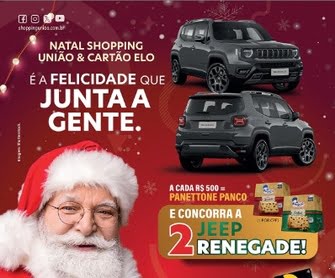 Participe da incrível promoção 'Ganhe Panetone com 500 Reais em Compras'! Ao realizar suas compras nos estabelecimentos participantes e atingir o valor mínimo de R$ 500,00, você concorre a dois Jeeps Renegade 1.3 Turbo e ainda leva um delicioso Panetone Panco na hora. E tem mais: compras efetuadas com cartão Elo garantem números da sorte em triplo e um saboroso Panetone trufado extra. Não perca tempo, cadastre suas notas fiscais no Balcão de Autoatendimento até 28/12 e aumente suas chances de ganhar prêmios incríveis nesta temporada de compras de fim de ano!