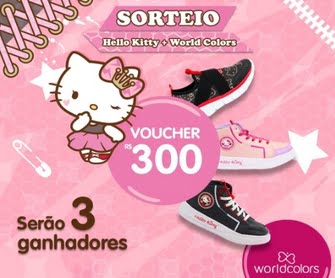 Participe do sorteio especial Hello Kitty + WorldColors e concorra a um voucher de R$ 300 para adquirir os fofíssimos tênis Hello Kitty. Não perca essa oportunidade de adicionar um toque encantador ao seu estilo com a WorldColors!