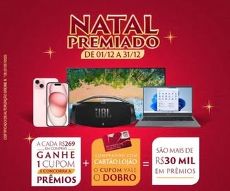 Não perca a oportunidade especial de ganhar prêmios incríveis neste Natal e fim de ano nas lojas Lojão do Brás. Ao realizar compras acima de R$269, você estará concorrendo a diversos prêmios como televisores, celulares, caixas de som e notebooks. Corra para a loja mais próxima e participe desta promoção emocionante!