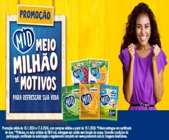 A promoção da marca MID oferece uma oportunidade empolgante para os consumidores ganharem prêmios incríveis. Abrangendo todos os produtos da linha MID, desde os sabores regulares até os de MID ZERO, esta campanha emocionante vai distribuir um total de 13 prêmios semanais no valor de R$ 8 mil cada, proporcionando aos participantes uma chance de conquistar uma bonificação extra. Além disso, um prêmio final grandioso de R$ 500 mil em certificados de ouro será concedido, criando uma expectativa emocionante e uma chance imperdível para os participantes conquistarem uma recompensa valiosa.