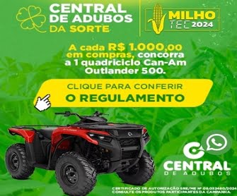 A Promoção Central de Adubos 2024 está agitando Sergipe, Alagoas e Bahia com a chance única de ganhar um Quadriciclo Can-Am Outlander 500 2WD INT, avaliado em R$53.990,00. Transforme suas compras em uma experiência emocionante e participe! Realize suas compras nas lojas participantes, acumule cupons a cada R$1.000,00 gastos, responda à pergunta promocional, e concorra ao grande prêmio. Não perca tempo, garanta sua participação e aventure-se com a Central de Adubos! ð️ð️ #CentralDeAdubos2024 #AventuraGarantida #GanheUmQuadriciclo