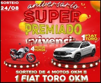 Participe da incrível Promoção Aniversário Super Premiado Vivenci e tenha a chance de ganhar um Fiat Toro ou uma das quatro motos Honda em jogo! Uma oportunidade imperdível de transformar suas compras em prêmios fabulosos!