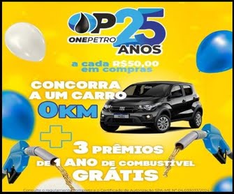 Celebre conosco os 25 anos da One Petro! Nossa promoção especial oferece uma oportunidade única para você ganhar prêmios incríveis enquanto faz parte da nossa jornada de sucesso. Emocionantes recompensas aguardam, desde um ano inteiro de combustível grátis até a chance de dirigir um carro zero quilômetro.