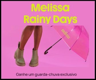 Prepare-se para os dias chuvosos com estilo! Participe da Promoção Melissa Rainy Days e ganhe um guarda-chuva exclusivo com suas compras. Não perca essa oportunidade de combinar funcionalidade e moda!