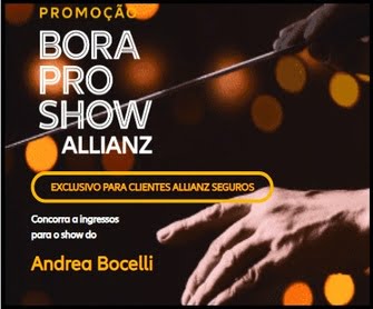 Participe da incrível Promoção Allianz 2024 Bora Pro Show e tenha a chance de ganhar ingressos para assistir ao espetáculo de Andrea Bocelli no Allianz Parque! Cliente da Allianz? Então você já está apto a concorrer. Basta possuir uma apólice de seguro ativa e vigente nos produtos participantes durante o período de 01/04/2024 a 25/04/2024. Cadastre-se no site oficial da promoção, preencha o formulário e confirme sua participação. Não perca essa oportunidade de viver uma experiência musical inesquecível!