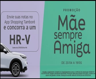 Venha celebrar o Dia das Mães com o Shopping Tamboré na campanha 'Mãe Sempre Amiga' e concorra a um Honda HR-V novinho em folha! Além disso, ganhe uma elegante Clutch Brizza da Arezzo fazendo suas compras nas lojas participantes. Participe e torça para ser um dos contemplados nessa promoção especial!