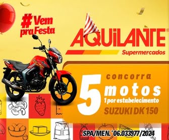 Celebre o 32º aniversário do Aquilante Supermercado e concorra a motos zero quilômetro na Promoção Aquilante 32 Anos Vem pra Festa! Saiba como participar e tenha a chance de ganhar prêmios incríveis enquanto aproveita as compras nos estabelecimentos participantes.