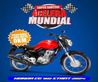 Prepare-se para acelerar com a Super Sorteio Promoção Acelera Mundial Refrigeração! Esta é sua chance de ganhar uma motocicleta Honda CG 160 Start 0km, vermelha e novinha em folha. Para participar, faça suas compras na Mundial Refrigeração em Goiânia entre 20 de maio e 5 de novembro de 2024. A cada R$200 em compras, você recebe um número da sorte para concorrer ao prêmio. Além disso, compras de produtos das marcas Embraco, Whirlpool Compressores, Emicol ou Obagas garantem números extras a cada R$50 gastos. Não se esqueça de informar seu CPF no caixa e se cadastrar no site da promoção. Participe e garanta suas chances de ganhar essa incrível motocicleta!