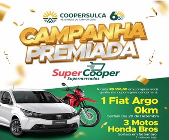 A Promoção Super Cooper Campanha Premiada 2024 chegou para comemorar os 60 anos da Coopersulca com prêmios incríveis e emocionantes! Nesta edição especial, você tem a chance de ganhar prêmios fantásticos, incluindo três motocicletas Honda NXR 160 BROS e um automóvel Fiat Argo, todos zero quilômetro. Não perca essa oportunidade única de participar e concorrer a esses prêmios sensacionais.