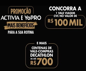 Desfrute de uma vida mais saudável e tenha a chance de ganhar prêmios incríveis com a promoção Activia e Yopro. Compre os produtos participantes, cadastre-se e concorra a um vale-viagem de R$100.000,00 e a prêmios instantâneos em vale compras. Não perca essa oportunidade única!