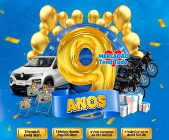 Celebre o 9º aniversário do Mercadão Tendtudo participando da promoção especial Aniversário 9 Anos! Realize suas compras nos estabelecimentos participantes e concorra a vales-compras, motocicletas Honda Pop 110i e um automóvel Renault Kwid zero quilômetro. Cada R$100,00 em compras dá direito a um cupom para concorrer aos prêmios. Não perca essa oportunidade de ganhar prêmios incríveis e fazer parte dessa festa!