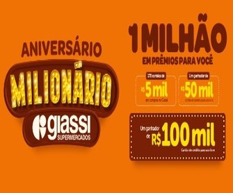 Celebre o Aniversário Milionário do Giassi Supermercados com a Promoção que está movimentando todos os clientes! Participe agora e concorra a prêmios incríveis, incluindo Cartões Mastercard pré-pagos de até R$ 100.000,00 e vales-compra exclusivos. Saiba como se cadastrar, acumular números da sorte e aumentar suas chances de ser um dos grandes vencedores desta promoção especial!