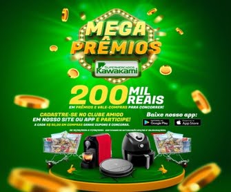 Descubra a emocionante Promoção Mega Prêmios Kawakami e concorra a uma verdadeira fortuna em prêmios nos Supermercados Kawakami. Com mais de R$200 mil em prêmios, esta é sua chance de ganhar vales-compras, eletrodomésticos de última geração e muito mais!