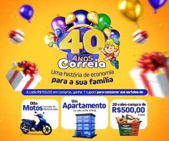 A Promoção Correia Supermercados 40 Anos é uma oportunidade imperdível para os clientes celebrarem junto com o supermercado quatro décadas de sucesso e conquistas. Comemorando essa trajetória marcante, o Supermercado Correia decidiu retribuir a fidelidade de seus clientes com prêmios incríveis, como um apartamento novo, motos e vales-compras. Participar é fácil: basta fazer suas compras nas lojas participantes, acumular cupons a cada R$ 150,00 gastos e depositá-los nas urnas. Com sorteios agendados para o final do ano, os participantes têm a chance de começar o próximo ano com um prêmio que pode transformar suas vidas.