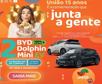 Celebre os 15 anos do Shopping União de Osasco participando da grande promoção que pode te levar a ganhar dois carros elétricos BYD DOLPHIN MINI EV novinhos em folha! De 13 a 30 de junho de 2024, cada R$ 300,00 em compras nas lojas participantes do Shopping garantem a sua chance de concorrer. Não perca essa oportunidade única de comemorar conosco!