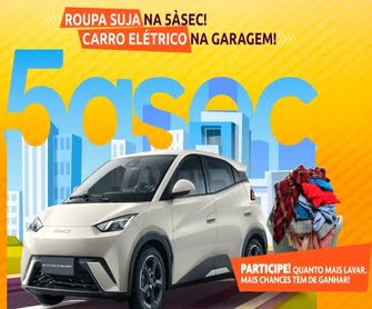 A 5àsec, líder em serviços de lavanderia, está lançando uma promoção que vai mudar sua vida. Com a promoção “Roupa Suja na 5àsec! Carro Elétrico na Garagem!”, você pode ganhar um ano de lavanderia grátis e um carro elétrico BYD Dolphin Mini 0km. Para participar, basta gastar R$150,00 em serviços da 5àsec, receber um pin code e cadastrá-lo no site promocional. Quanto mais você utiliza os serviços da 5àsec, mais chances você tem de ganhar. A promoção é válida em todo o Brasil para maiores de 18 anos com CPF válido. Não perca essa oportunidade de renovar seu guarda-roupa e ainda ganhar prêmios incríveis!