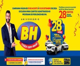 O BH Supermercados está comemorando 28 anos de sucesso e quer celebrar esta data especial com você, cliente! Para marcar essa ocasião, a rede de supermercados lançou uma promoção incrível que vai premiar 33 sortudos com um Renault Kwid 0km. Você não vai querer perder essa chance!