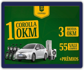 Imagem promocional da campanha de 55 anos da Cooperja, destacando a promoção com prêmios como carros, motos, eletrodomésticos e vale-compras. A imagem mostra os principais prêmios, como um Toyota Corolla, uma moto Honda e diversos produtos, incentivando os clientes a participar realizando compras nas lojas Cooperja.