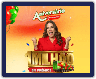 Imagem promocional da Promoção Aniversário Premiado Bompreço 2024, destacando prêmios como barras de ouro e vales-compra, com um fundo festivo e vibrante que celebra o aniversário da rede Bompreço.