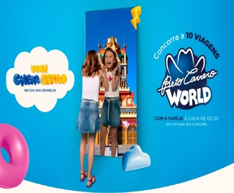 Imagem promocional da campanha de Dia das Crianças 2024 das Lojas Eskala, destacando a oportunidade de concorrer a uma viagem para o Beto Carrero World ao realizar compras no setor infantil.