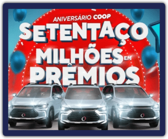 Imagem promocional da Coop 2024, celebrando os 70 anos da cooperativa. A arte apresenta barras de ouro, simbolizando os prêmios em disputa, além de destacar a frase “Setentaço Milhões em Prêmios”, enfatizando a grandeza da promoção.