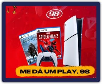 Imagem promocional da rádio 98FM destacando a campanha “Me Dá Um Play, 98”, que oferece a chance de ganhar um PlayStation 5 Slim Edição Digital 2024.