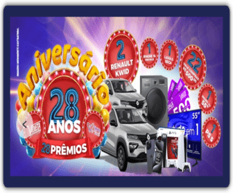 Imagem promocional do 28º aniversário do Supermercado Violeta, destacando prêmios como eletrônicos e automóveis, além da informação sobre a participação na promoção.