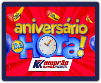 Imagem promocional da Promoção Aniversário da Hora Komprão 2024, destacando os prêmios, incluindo vales-compras de R$ 200,00 e um prêmio principal de R$ 50.000,00. A imagem também ilustra a data da promoção, que ocorre de 26 de setembro a 31 de outubro de 2024, e informações sobre como participar.