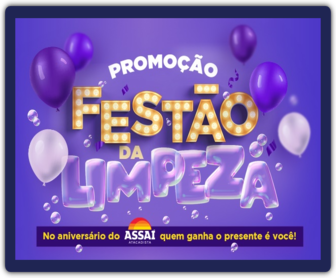 Imagem promocional da campanha Festão da Limpeza Assaí 2024, destacando a chance de ganhar 20 cartões virtuais de R$ 2.000, destinados à compra de lavadoras de roupas, ao adquirir produtos das marcas participantes como OMO, Comfort, Cif, Brilhante, Surf e outras. A imagem inclui detalhes sobre o período da promoção e o incentivo para o cadastro no site oficial.