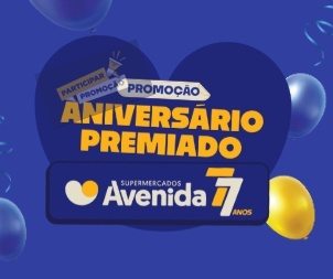 Banner da promoção Aniversário Premiado Avenida 77 anos, destacando prêmios em dinheiro, vale-compras e barras de ouro, com instruções para participação e cadastro.