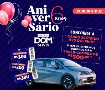 Imagem promocional do 6º aniversário do Empório Dom Olívio, destacando a promoção que oferece um carro elétrico BYD Dolphin e vales-compra de R$ 300,00.