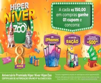 Imagem promocional da Hiperzoo destacando a Promoção Hiperzoo 2024, que oferece prêmios incríveis para amantes de animais de estimação, incluindo um iPhone 13 e vales-compras.