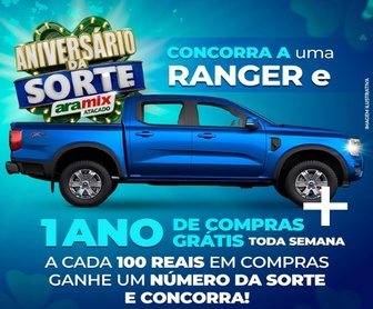 Banner promocional da campanha Aniversário da Sorte Aramix destacando os prêmios, como a picape Ford Ranger 0km e vales-compras no valor de R$ 12.000, e promovendo a participação nas cidades de Porto Velho (RO) e Rio Branco (AC).