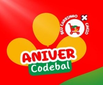 Imagem promocional da Promoção Aniversário Codebal 2024, destacando prêmios em vales-compra de até R$ 500,00, com ícones de dinheiro, carrinhos de supermercado e o logo do Supermercado Codebal. O banner promove o uso do aplicativo TRI CODE para participar da promoção e ganhar prêmios instantâneos.