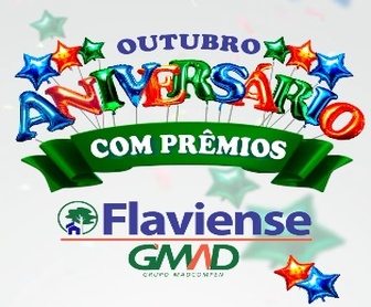 Imagem da promoção Aniversário Flaviense 2024, destacando prêmios como scooters e relógios, com informações sobre como participar da promoção, que requer compras nas lojas Flaviense GMAD.