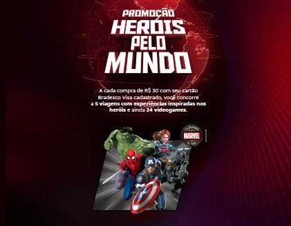 Imagem promocional da promoção “Heróis Pelo Mundo”, mostrando prêmios como pacotes de viagem inspirados em heróis da Marvel e consoles PlayStation 5.