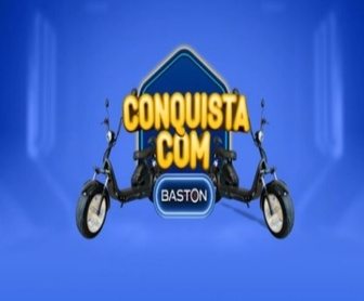 Imagem promocional da campanha “Conquista com Baston”, mostrando scooters elétricas e os produtos participantes da promoção, como aerossóis das marcas ABOVE, CHEMICOLOR, PROINSET, SUPER DOM e PURO AR.