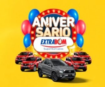 Imagem promocional do Aniversário Extrabom Supermercados 2024, destacando a chance de ganhar carros 0km. A imagem inclui informações sobre as datas da promoção e os modelos dos carros que serão sorteados, com foco no incentivo à participação dos clientes.