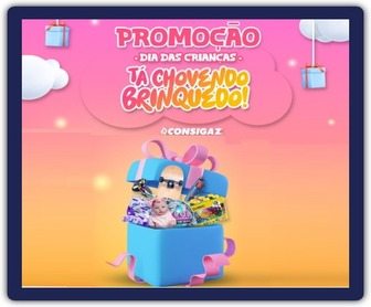 Imagem promocional da campanha “Chuva de Brinquedos” da Consigaz para o Dia das Crianças 2024, mostrando diversos brinquedos como patinetes, patins, hoverboards, e bonecas. O logo da Consigaz e o título da promoção estão em destaque, com uma chamada para seguir o perfil no Instagram e participar.