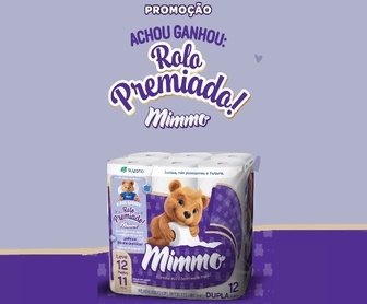 Imagem de uma embalagem de papel higiênico Mimmo folha dupla, com destaque para o selo premiado visível no rolo. A imagem ilustra a promoção 