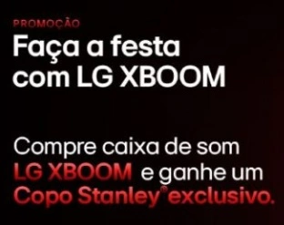 Imagem promocional da LG XBOOM destacando a oferta de um copo térmico Stanley como brinde para quem adquirir uma caixa de som da linha XBOOM em lojas participantes entre 27 de outubro e 31 de dezembro de 2024.