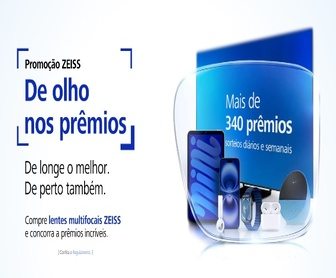 Imagem promocional da Promoção De Olho nos Prêmios Zeiss, destacando os prêmios de até R$ 7.800,00 em cartões pré-pagos virtuais para quem comprar lentes progressivas Zeiss e se cadastrar no site.