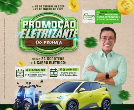 Imagem promocional da Promoção Eletrizante Proença, destacando scooters elétricas e um carro elétrico BYD Dolphin Mini, com informações sobre a mecânica da promoção e os prêmios disponíveis.