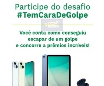 Imagem promocional do Desafio #TEMCARADEGOLPE 2024 da ABBC, destacando o prêmio principal de um iPhone 15 e como participar criando um vídeo sobre identificação de golpes financeiros.