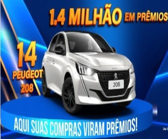 Imagem promocional do Show de Prêmios Shibata 2024, destacando a oferta de 14 carros Peugeot 208 0km e prêmios de R$ 1,4 milhão, com informações sobre como participar e os prazos da promoção.