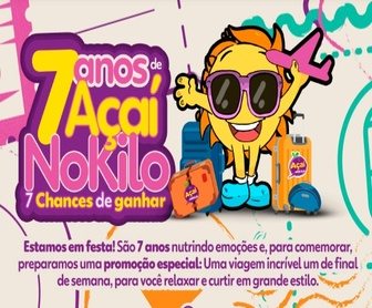 Promoção 7 Anos de Açaí No Kilo, 7 Chances de Ganhar: A imagem apresenta um banner colorido destacando a promoção de 7 anos do Açaí No Kilo, com informações sobre os prêmios disponíveis e como participar.