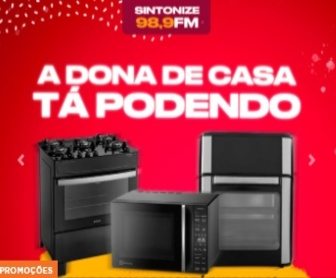 Imagem promocional do Concurso Cultural Rádio 98FM Curitiba, com destaque para os prêmios, como fritadeira elétrica, micro-ondas e fogão, e instruções para participar e cadastrar frases no site da 98FM.